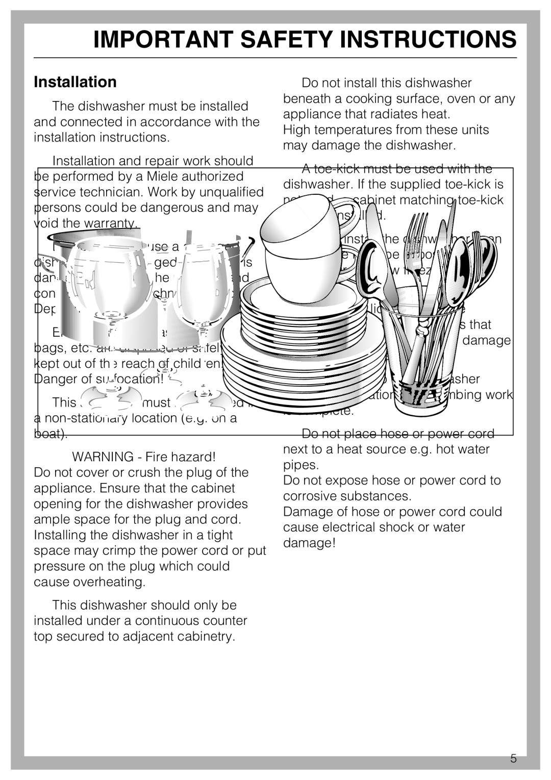 Miele G 5970, G5975 operating instructions Installation 