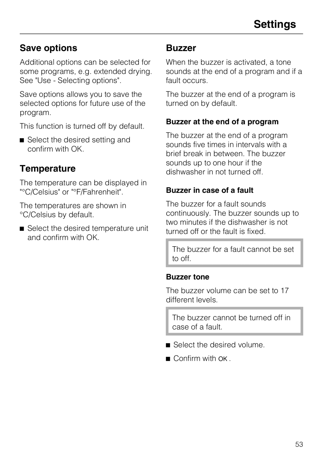 Miele G 5970, G5975 operating instructions Save options, Temperature, Buzzer 