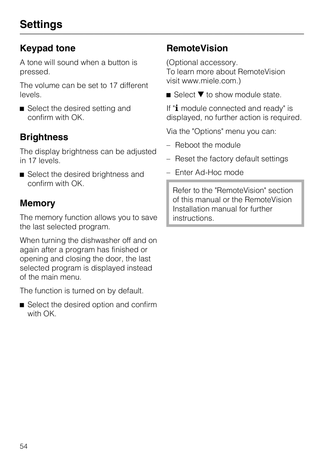 Miele G5975, G 5970 operating instructions Keypad tone, Brightness, Memory, RemoteVision 