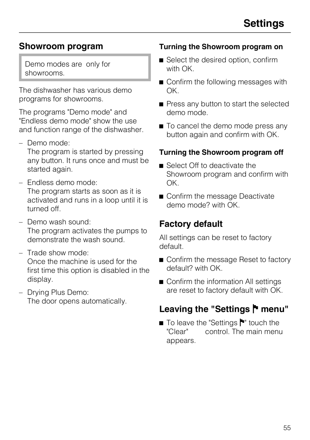 Miele G 5970, G5975 operating instructions Factory default, Leaving the Settings menu, Turning the Showroom program on 