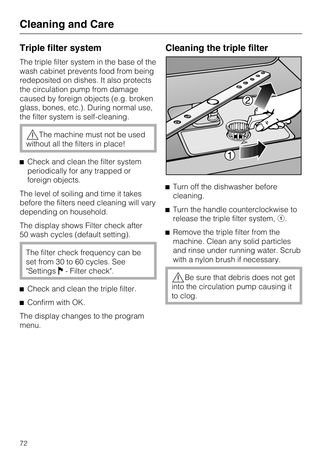 Miele G5975, G 5970 operating instructions Triple filter system Cleaning the triple filter 