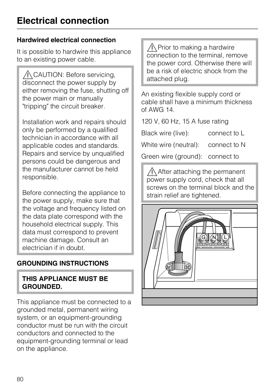 Miele G5975, G 5970 Hardwired electrical connection, Grounding Instructions This Appliance Must be Grounded 