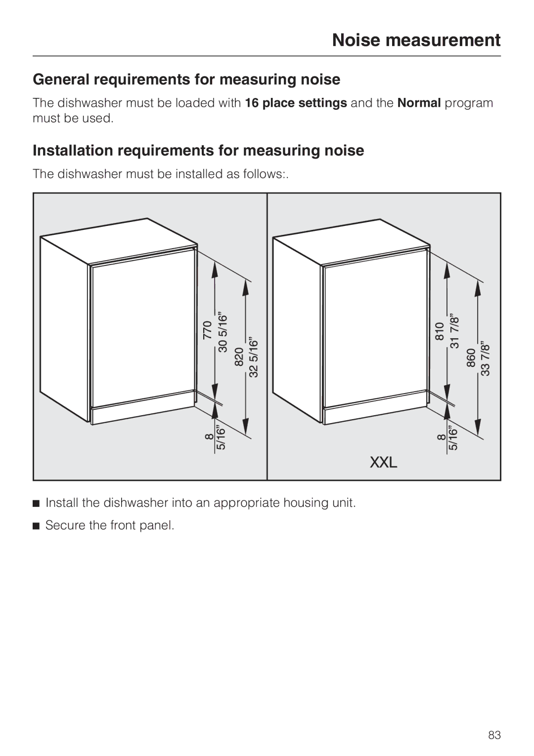 Miele G 5970 Noise measurement, General requirements for measuring noise, Installation requirements for measuring noise 