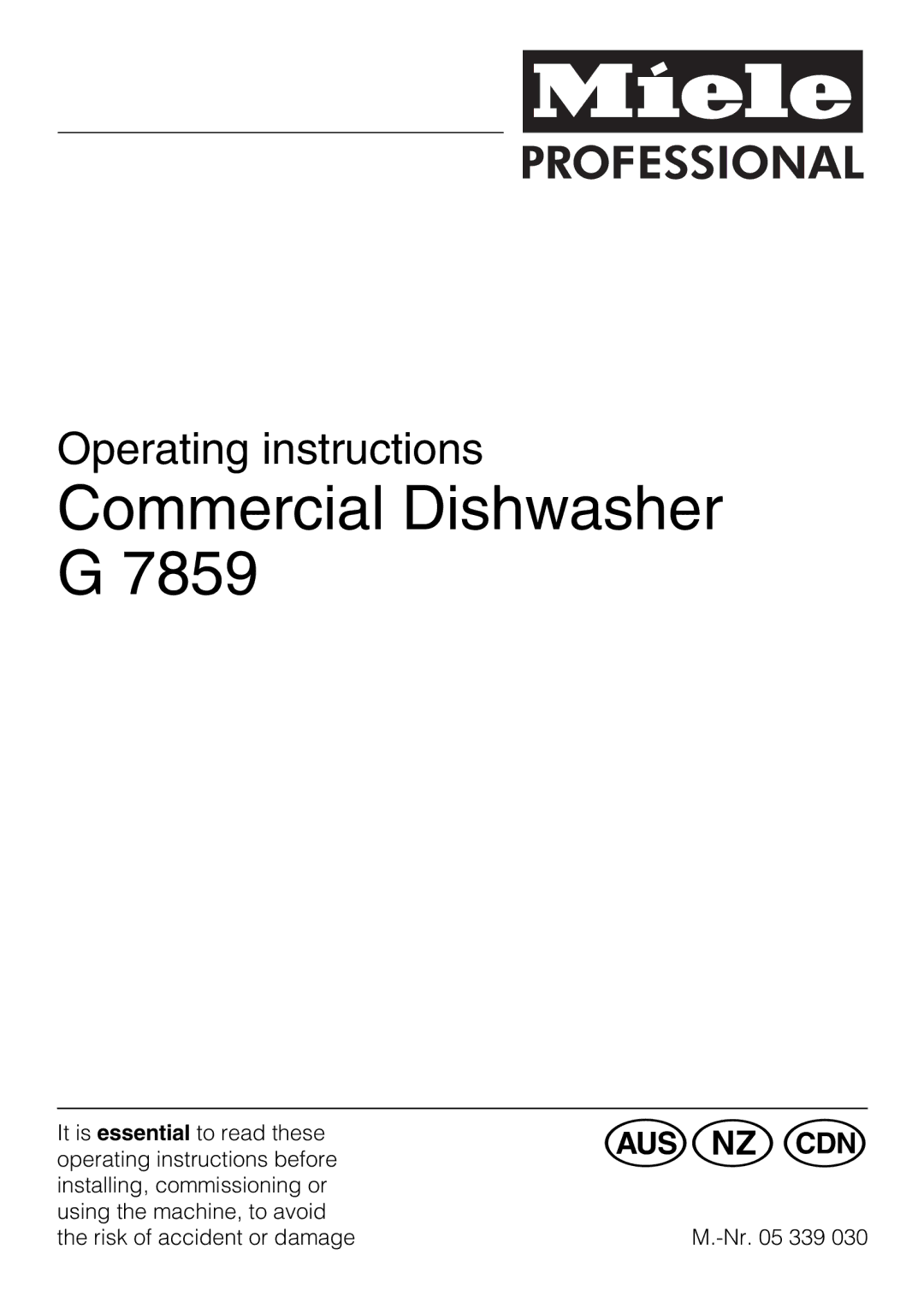 Miele G7859 manual Commercial Dishwasher G 