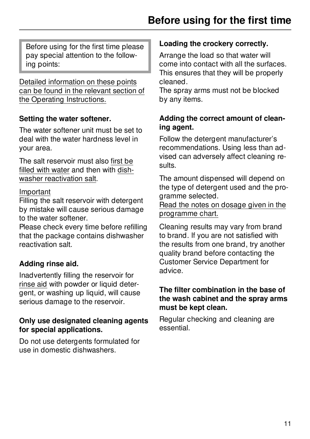 Miele G7859 Before using for the first time, Setting the water softener, Adding rinse aid, Loading the crockery correctly 