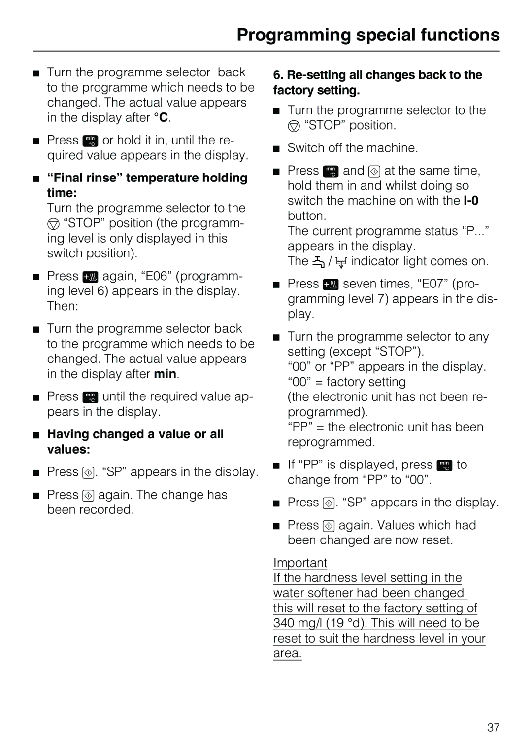 Miele G7859 manual Final rinse temperature holding time, Re-setting all changes back to the factory setting 