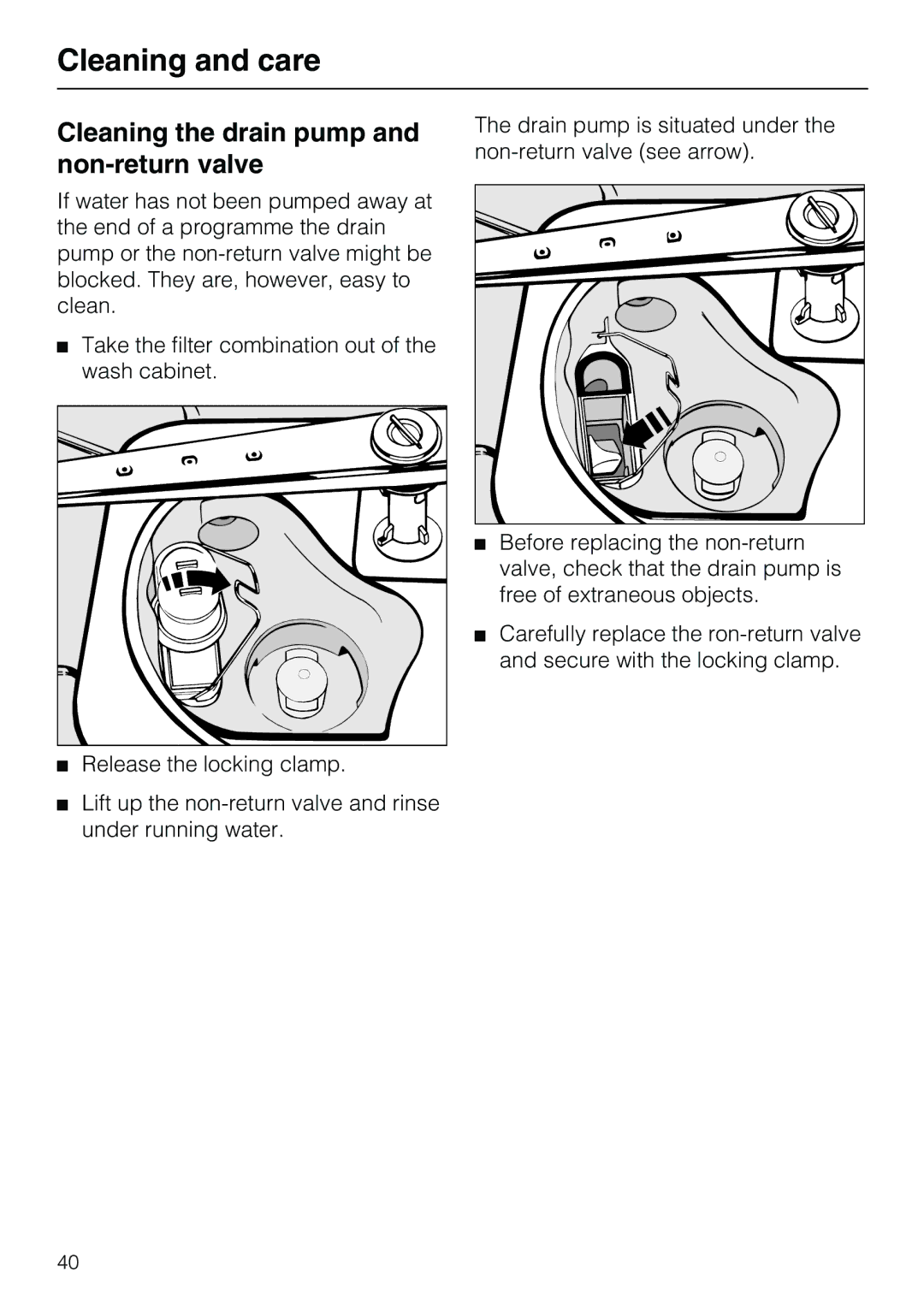 Miele G7859 manual Cleaning the drain pump and non-return valve 