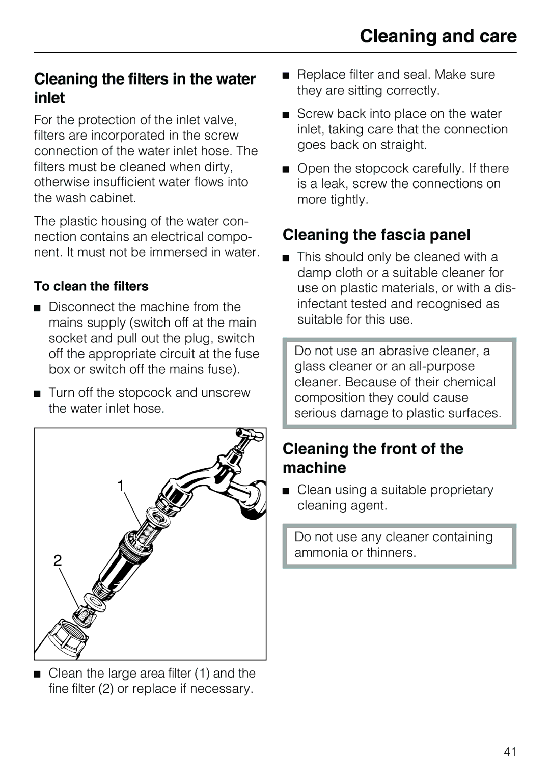 Miele G7859 manual Cleaning the filters in the water inlet, Cleaning the fascia panel, Cleaning the front of the machine 