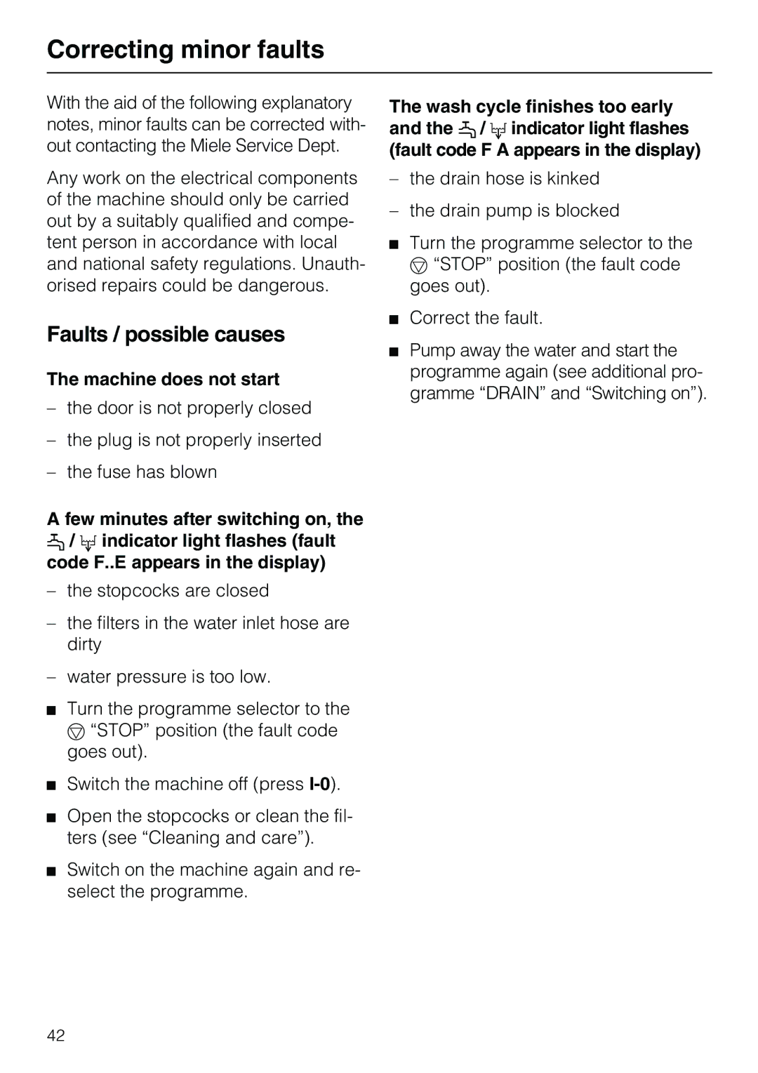 Miele G7859 manual Correcting minor faults, Faults / possible causes, Machine does not start 