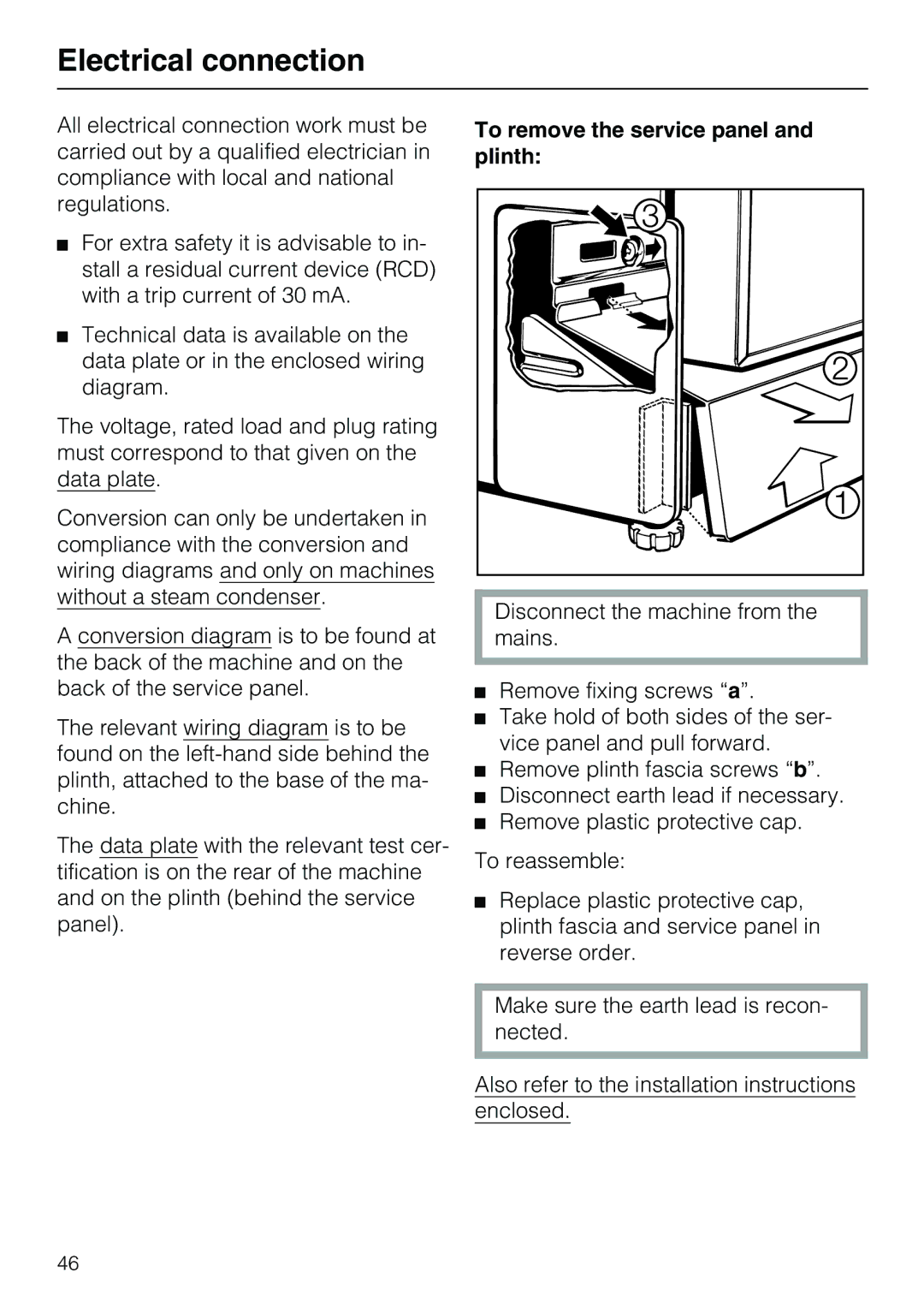 Miele G7859 manual Electrical connection, To remove the service panel and plinth 