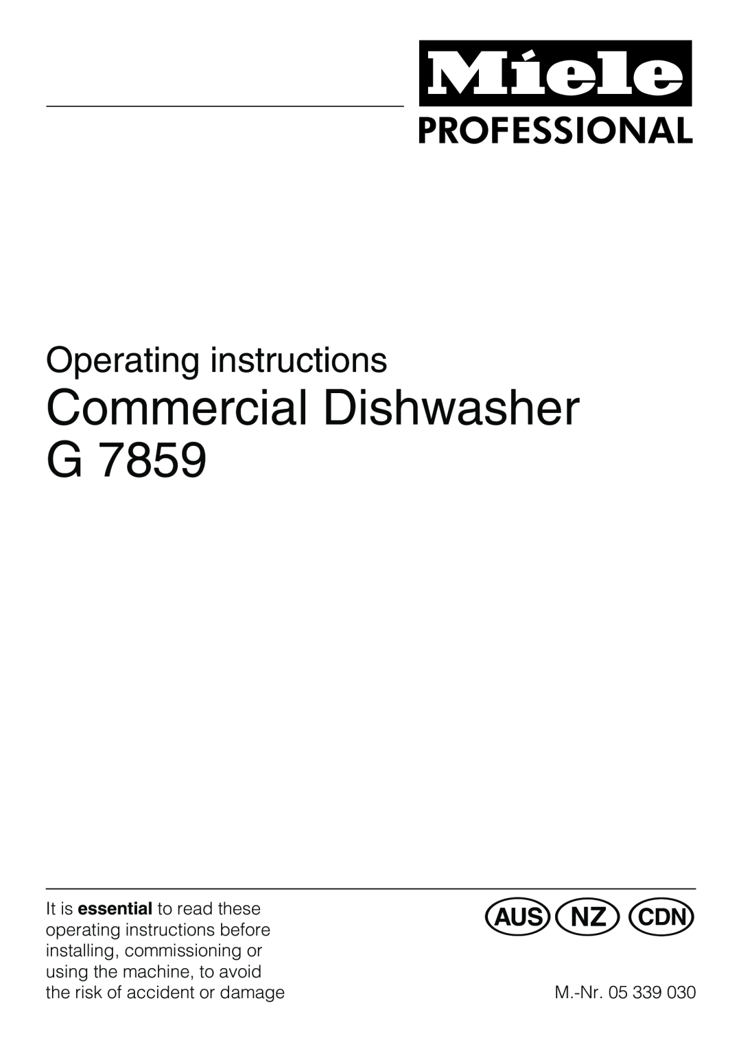 Miele G7859 manual Commercial Dishwasher G, Operating instructions 
