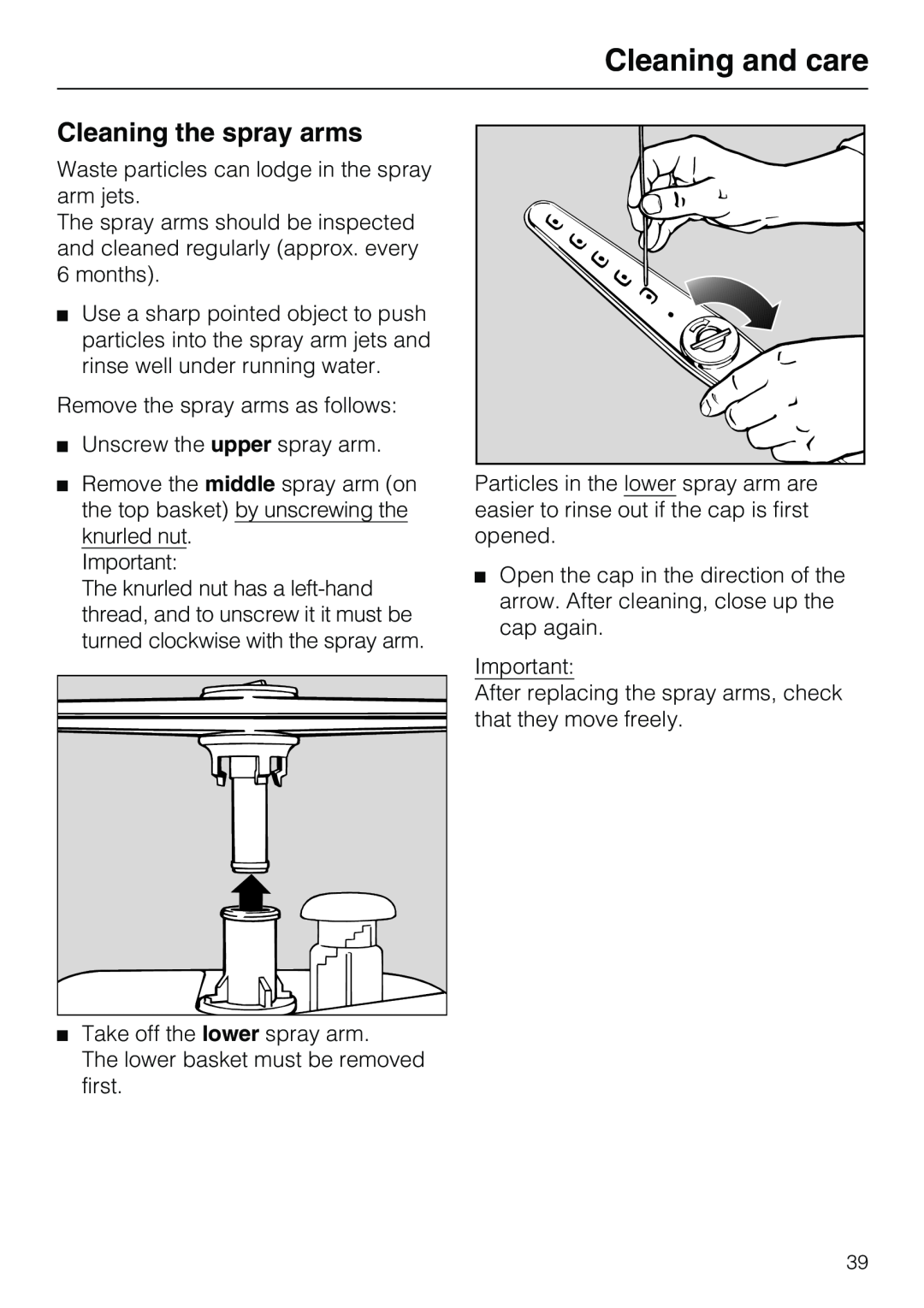 Miele G7859 manual Cleaning the spray arms, Cleaning and care 