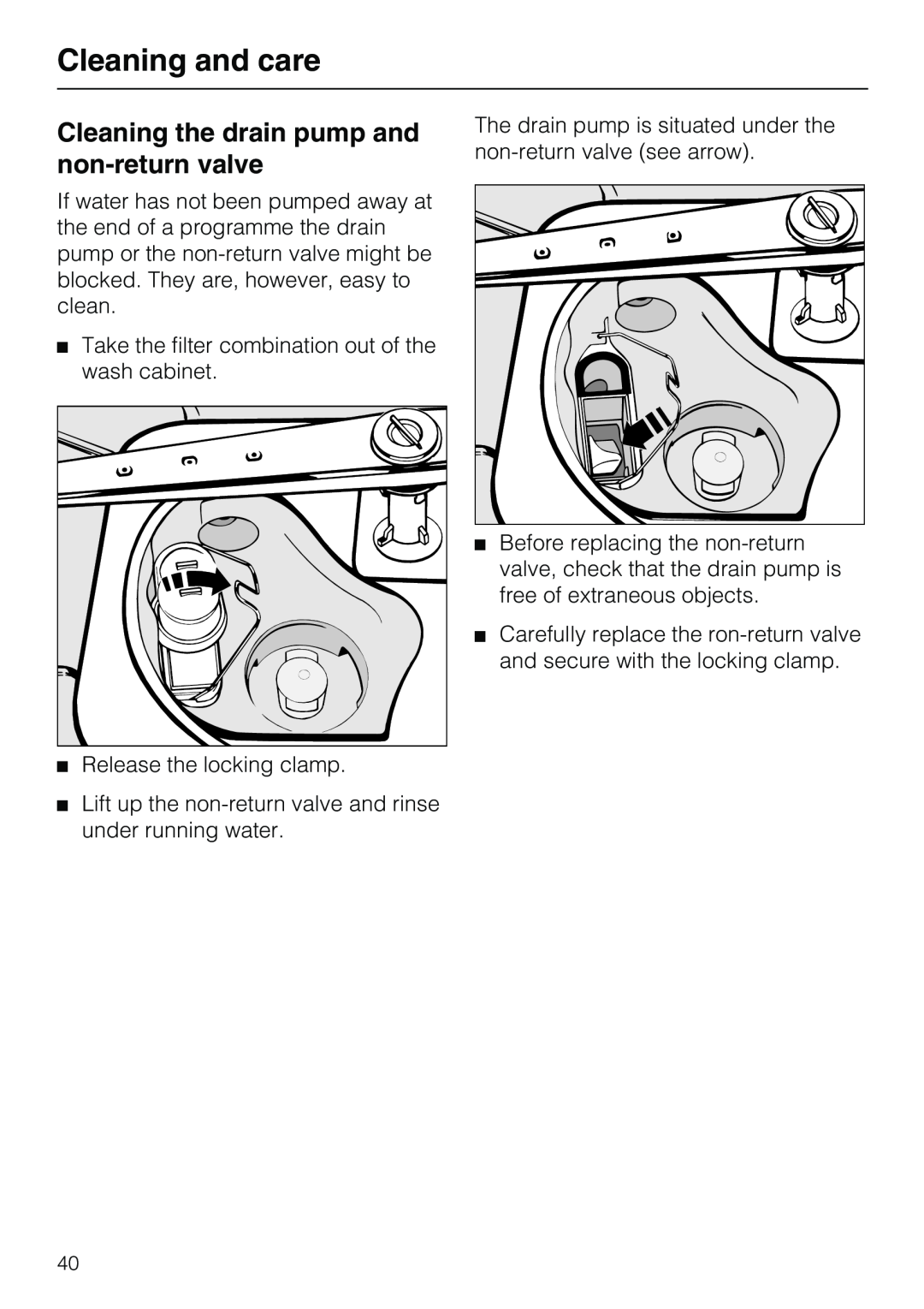 Miele G7859 manual Cleaning the drain pump and non-returnvalve, Cleaning and care 