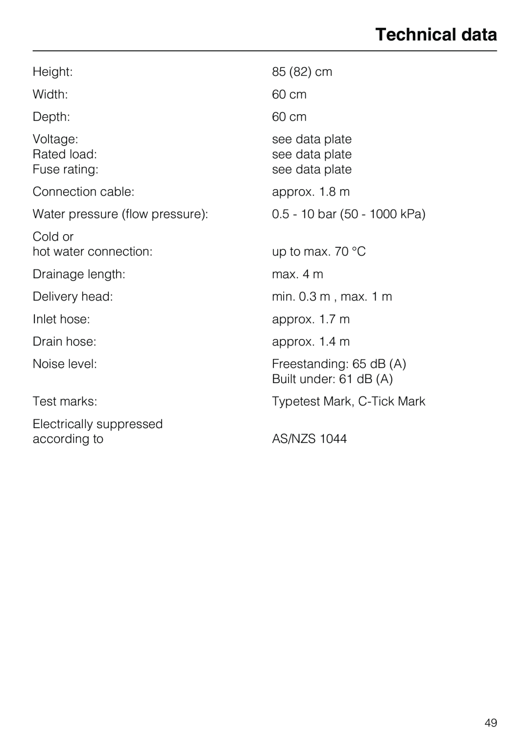 Miele G7859 manual Technical data 