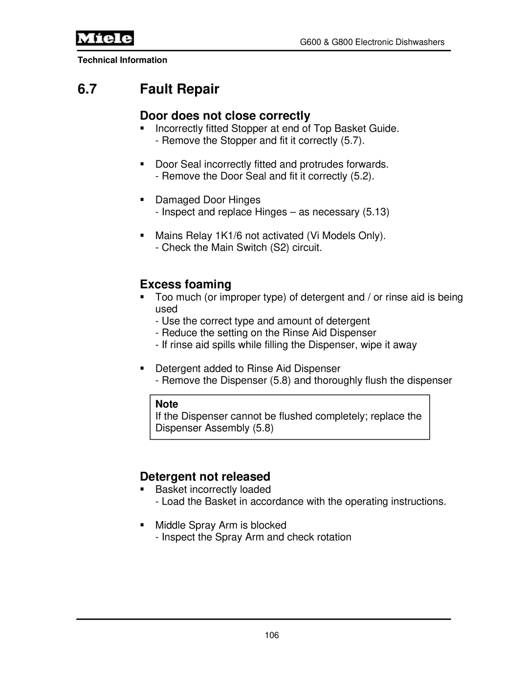 Miele G800, G600 manual Fault Repair, Door does not close correctly, Excess foaming, Detergent not released 