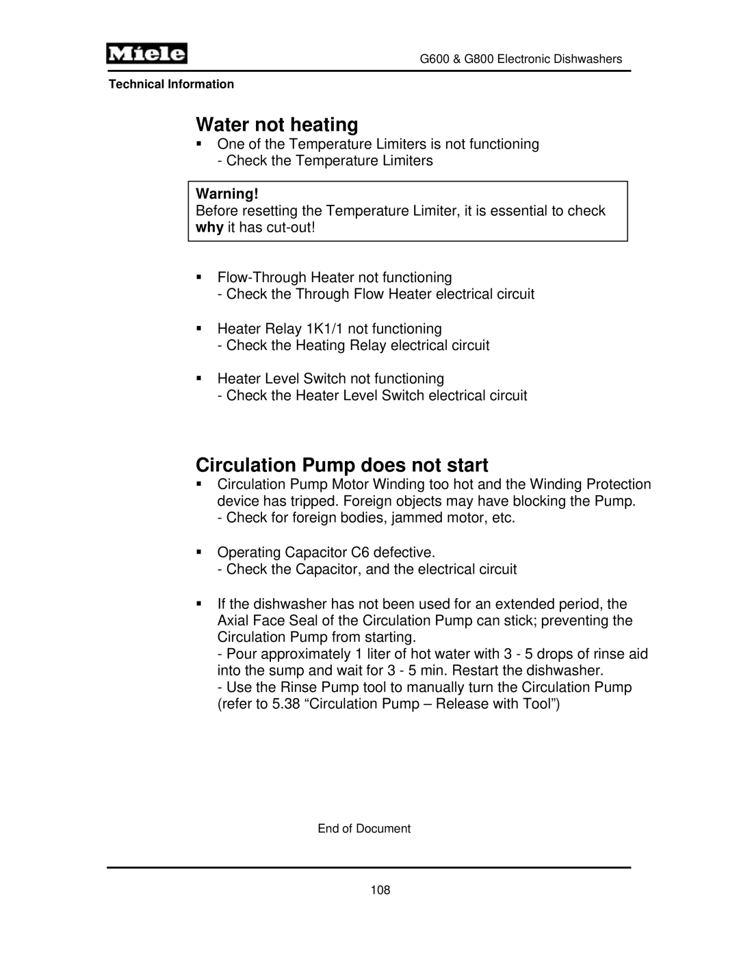 Miele G800, G600 manual Water not heating, Circulation Pump does not start 