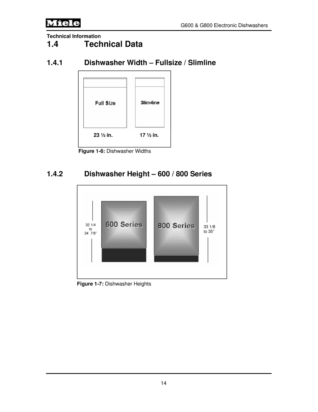 Miele G800, G600 manual Technical Data, Dishwasher Width Fullsize / Slimline, Dishwasher Height 600 / 800 Series 