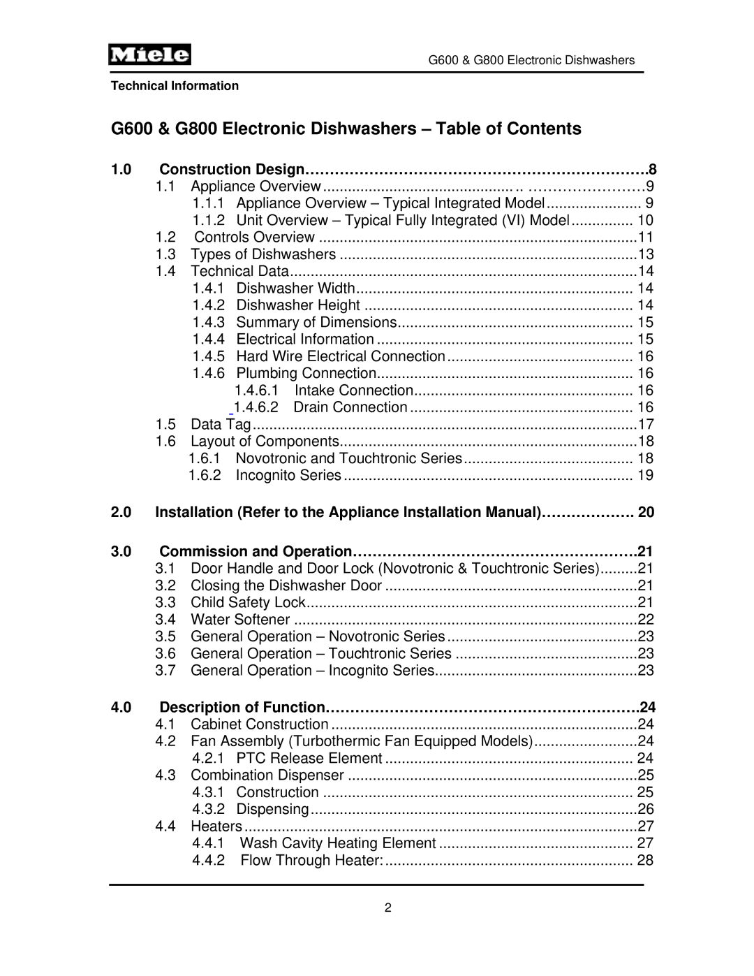 Miele manual G600 & G800 Electronic Dishwashers Table of Contents 