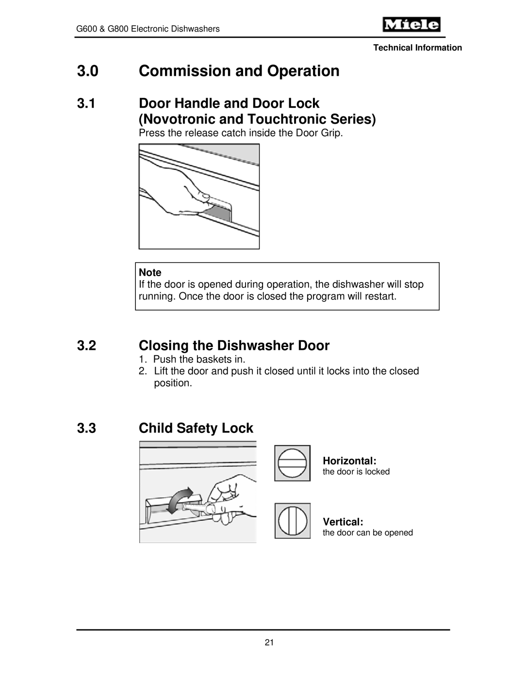 Miele G600 Door Handle and Door Lock Novotronic and Touchtronic Series, Closing the Dishwasher Door, Child Safety Lock 