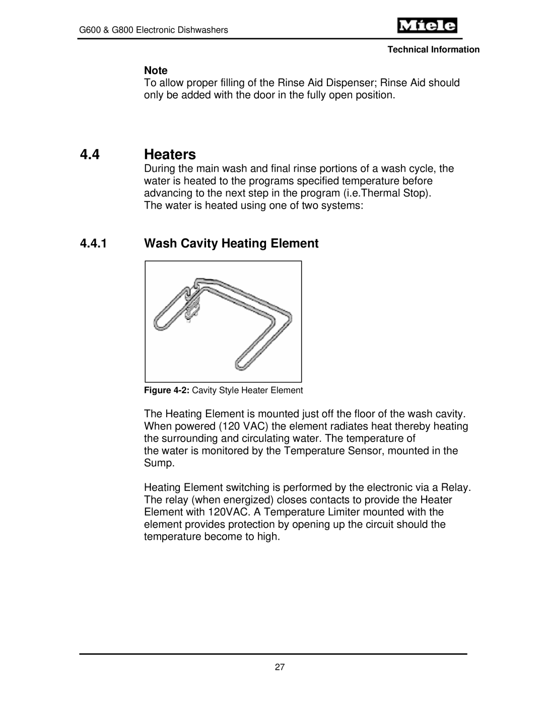 Miele G600, G800 manual Heaters, Wash Cavity Heating Element 