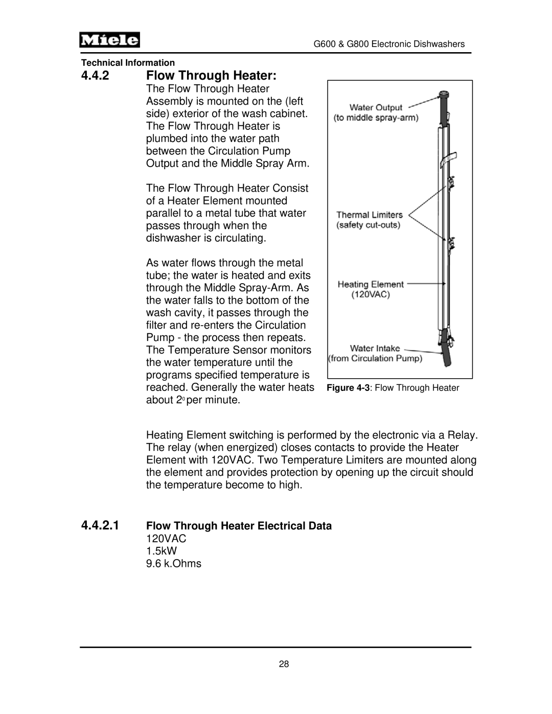 Miele G800, G600 manual Flow Through Heater Electrical Data 120VAC 
