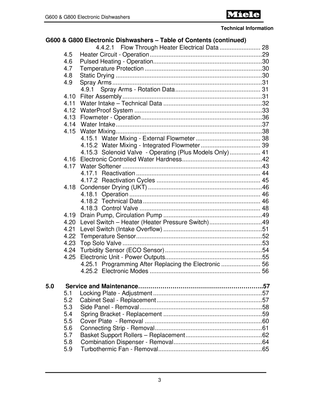 Miele manual G600 & G800 Electronic Dishwashers Table of Contents, Service and Maintenance……………………………………………………..57 