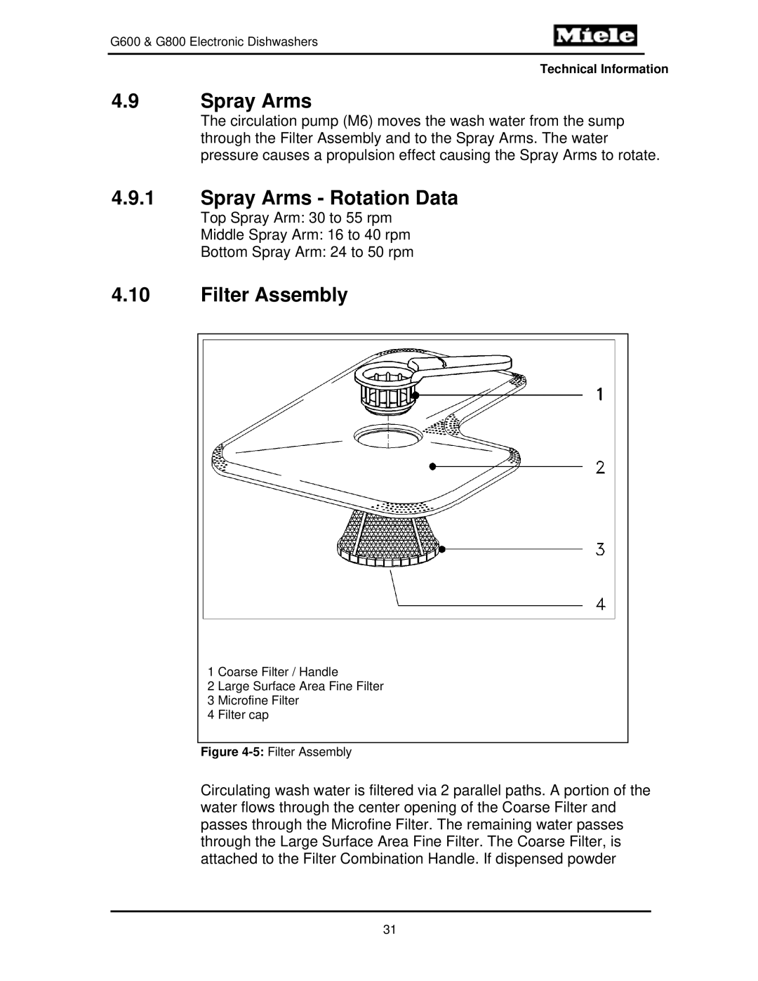 Miele G600, G800 manual Spray Arms Rotation Data, Filter Assembly 