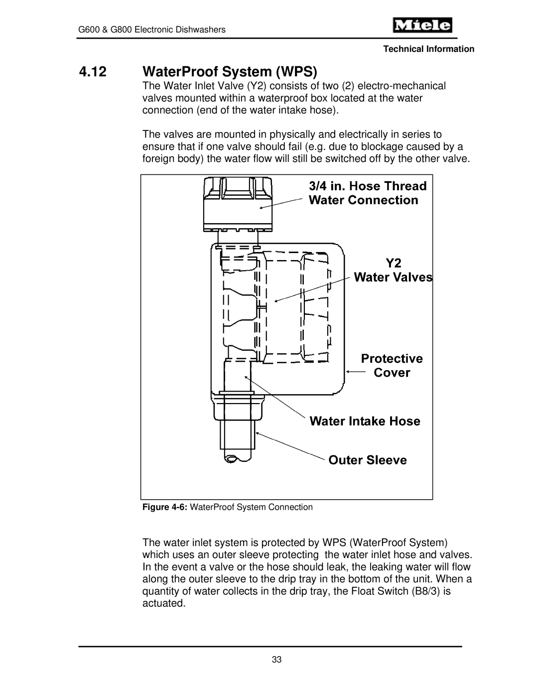 Miele G600, G800 manual WaterProof System WPS, 6WaterProof System Connection 