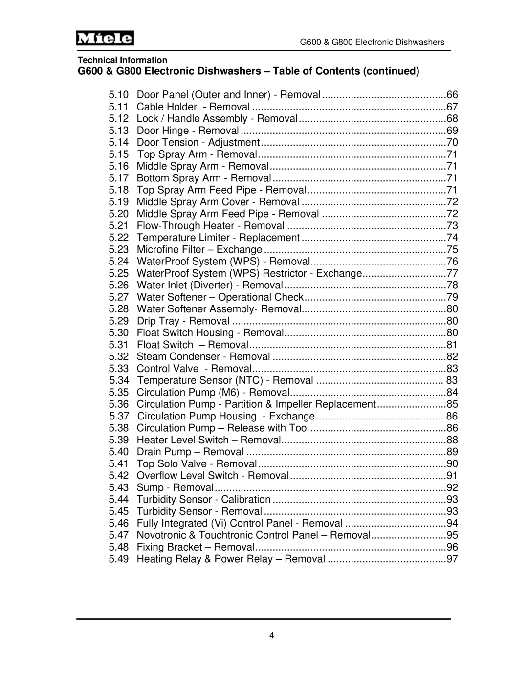 Miele manual G600 & G800 Electronic Dishwashers Table of Contents 