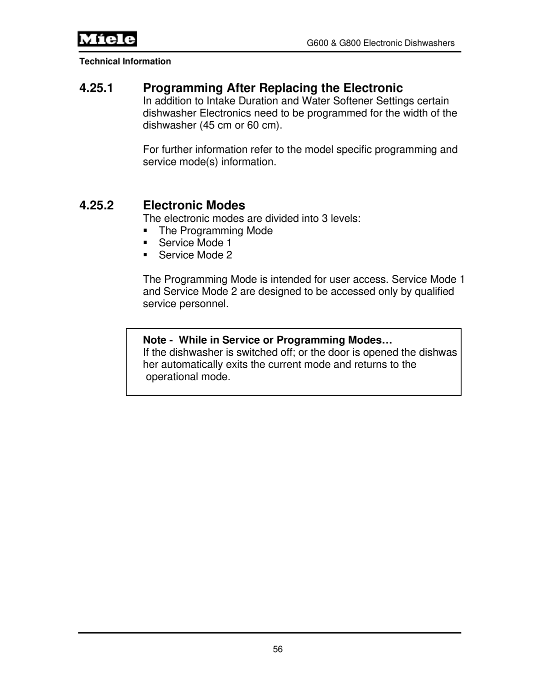 Miele G800, G600 manual Programming After Replacing the Electronic, Electronic Modes 