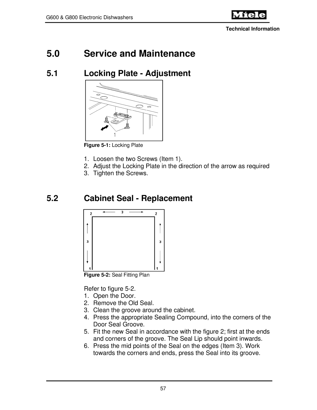 Miele G600, G800 manual Locking Plate Adjustment, Cabinet Seal Replacement 