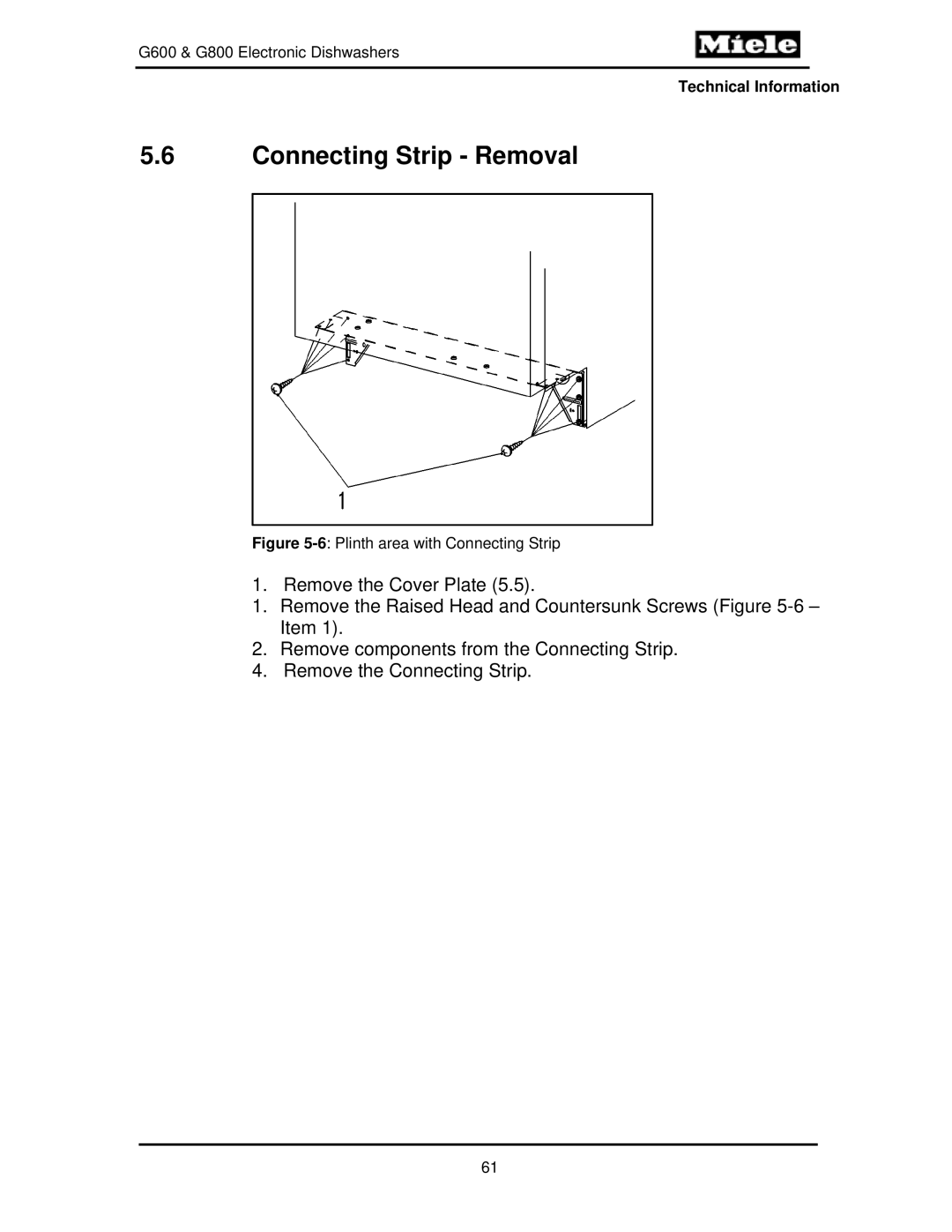 Miele G600, G800 manual Connecting Strip Removal, Plinth area with Connecting Strip 