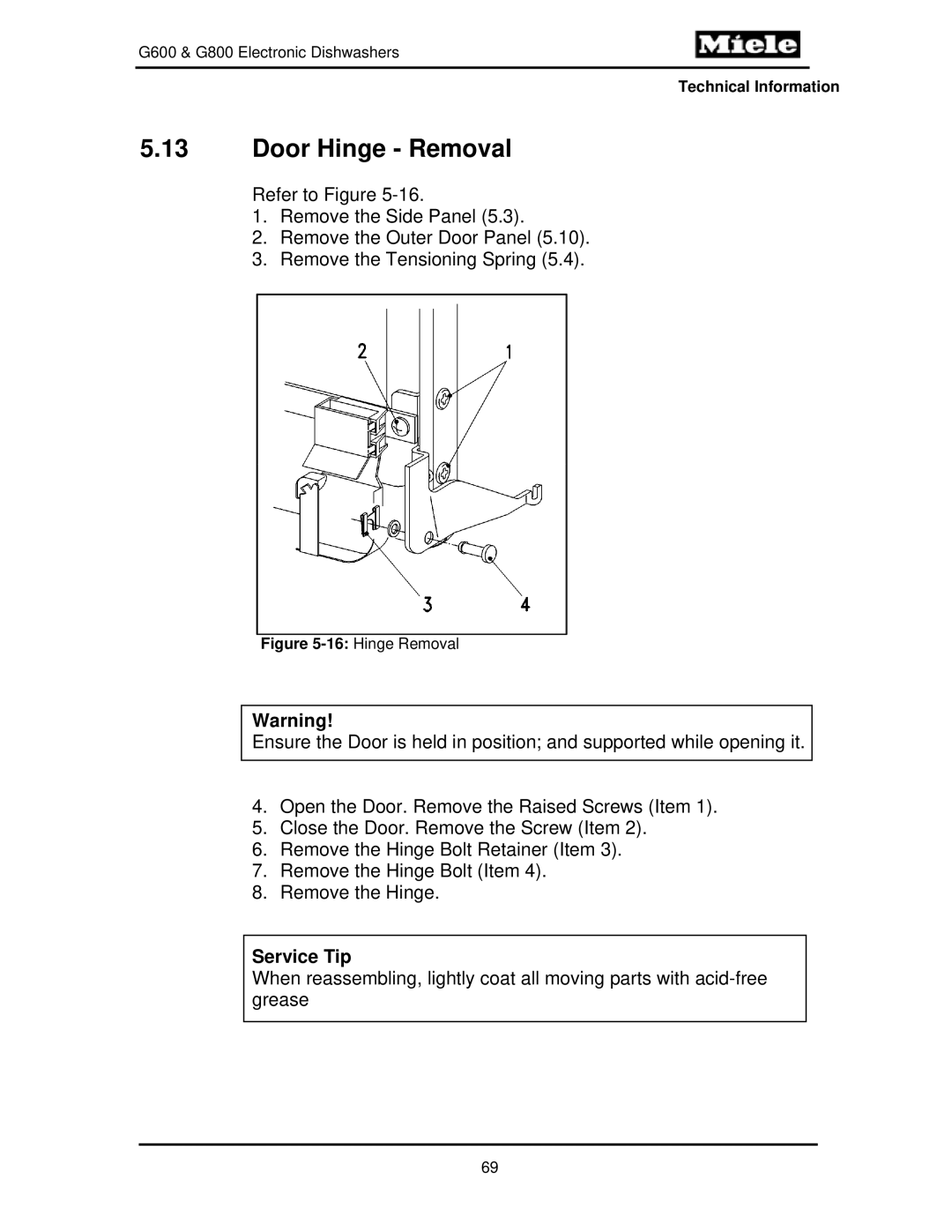 Miele G600, G800 manual Door Hinge Removal 