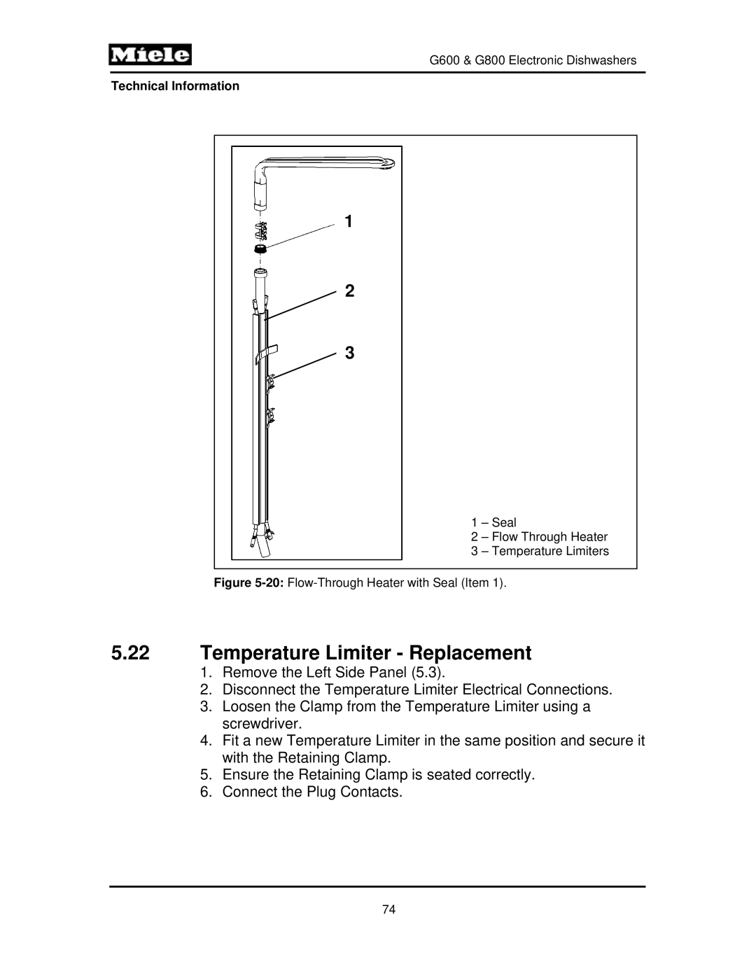 Miele G800, G600 manual Temperature Limiter Replacement, 20Flow-Through Heater with Seal Item 