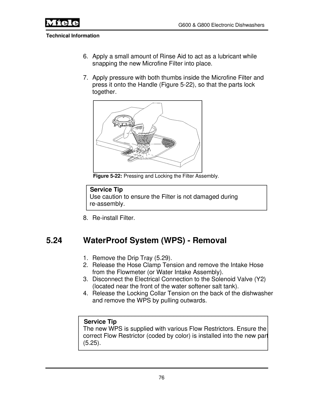 Miele G800, G600 manual WaterProof System WPS Removal, 22Pressing and Locking the Filter Assembly 