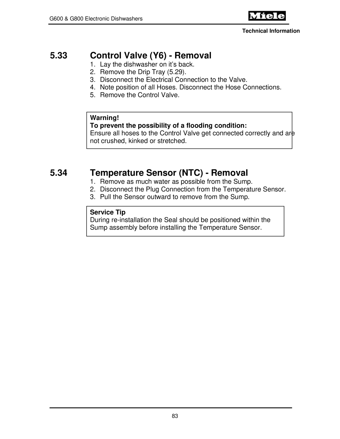 Miele G600 Control Valve Y6 Removal, Temperature Sensor NTC Removal, To prevent the possibility of a flooding condition 