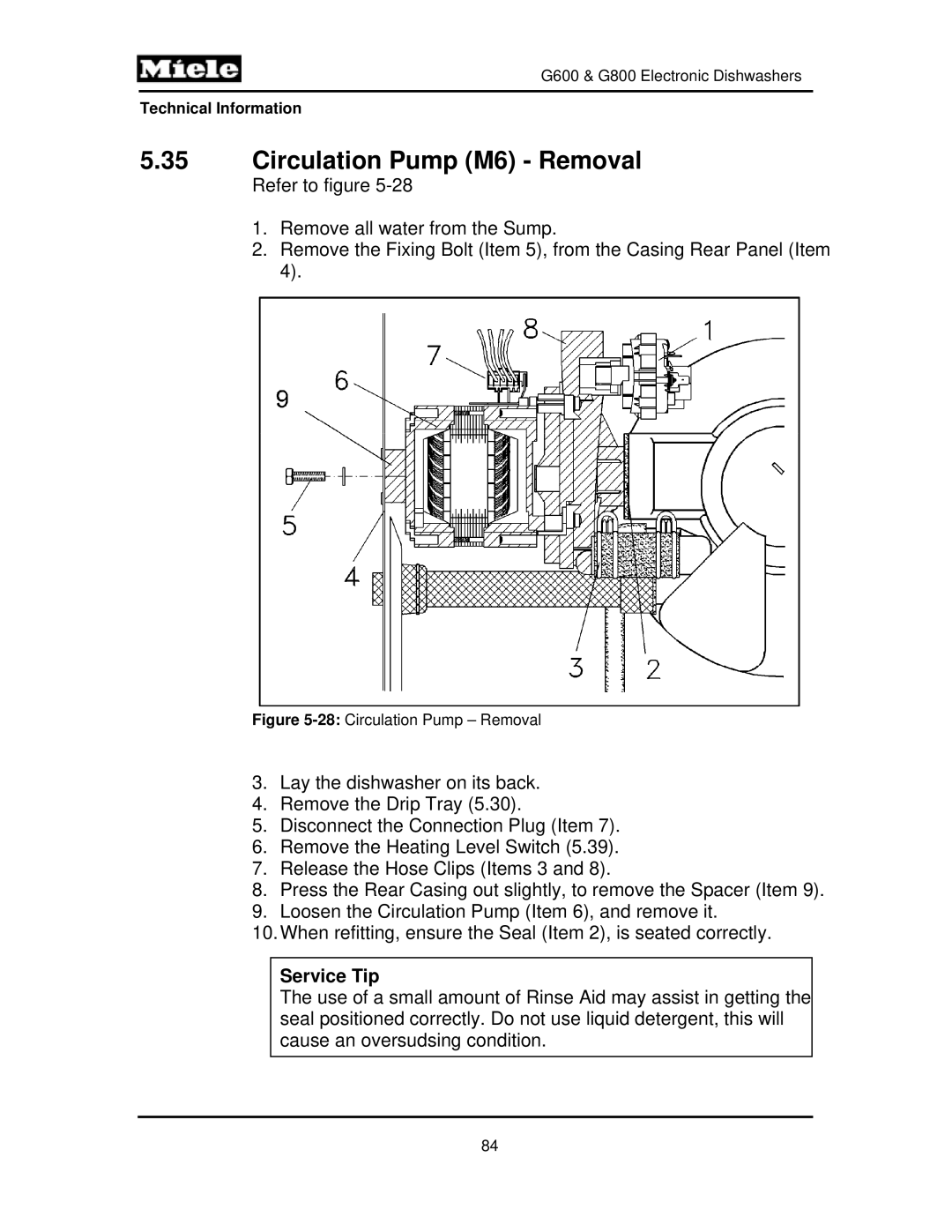 Miele G800, G600 manual Circulation Pump M6 Removal, 28Circulation Pump Removal 