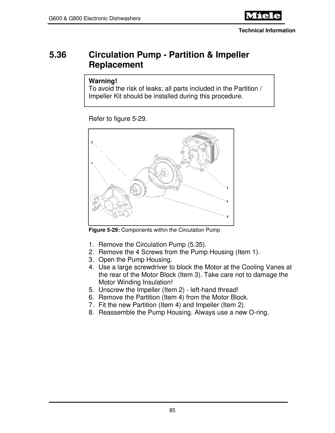 Miele G600, G800 manual Circulation Pump Partition & Impeller Replacement, 29Components within the Circulation Pump 