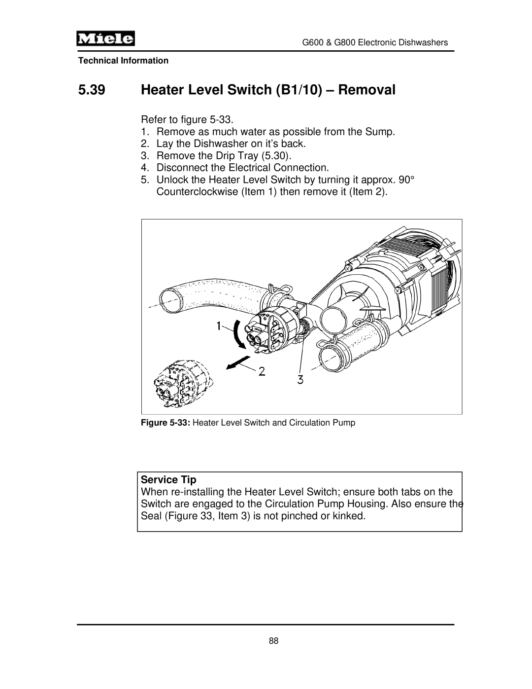 Miele G800, G600 manual Heater Level Switch B1/10 Removal, 33Heater Level Switch and Circulation Pump 