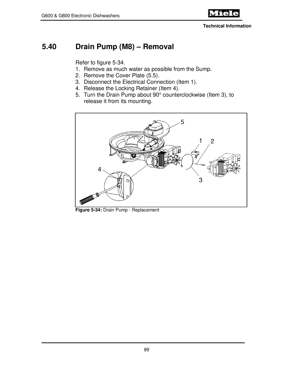 Miele G600, G800 manual Drain Pump M8 Removal, 34Drain Pump Replacement 