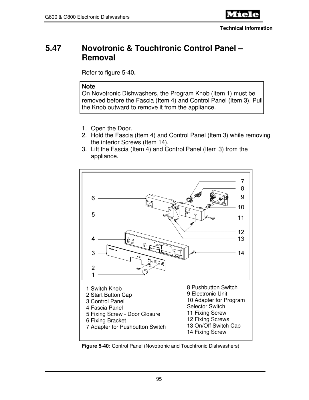 Miele G600, G800 Novotronic & Touchtronic Control Panel Removal, 40Control Panel Novotronic and Touchtronic Dishwashers 