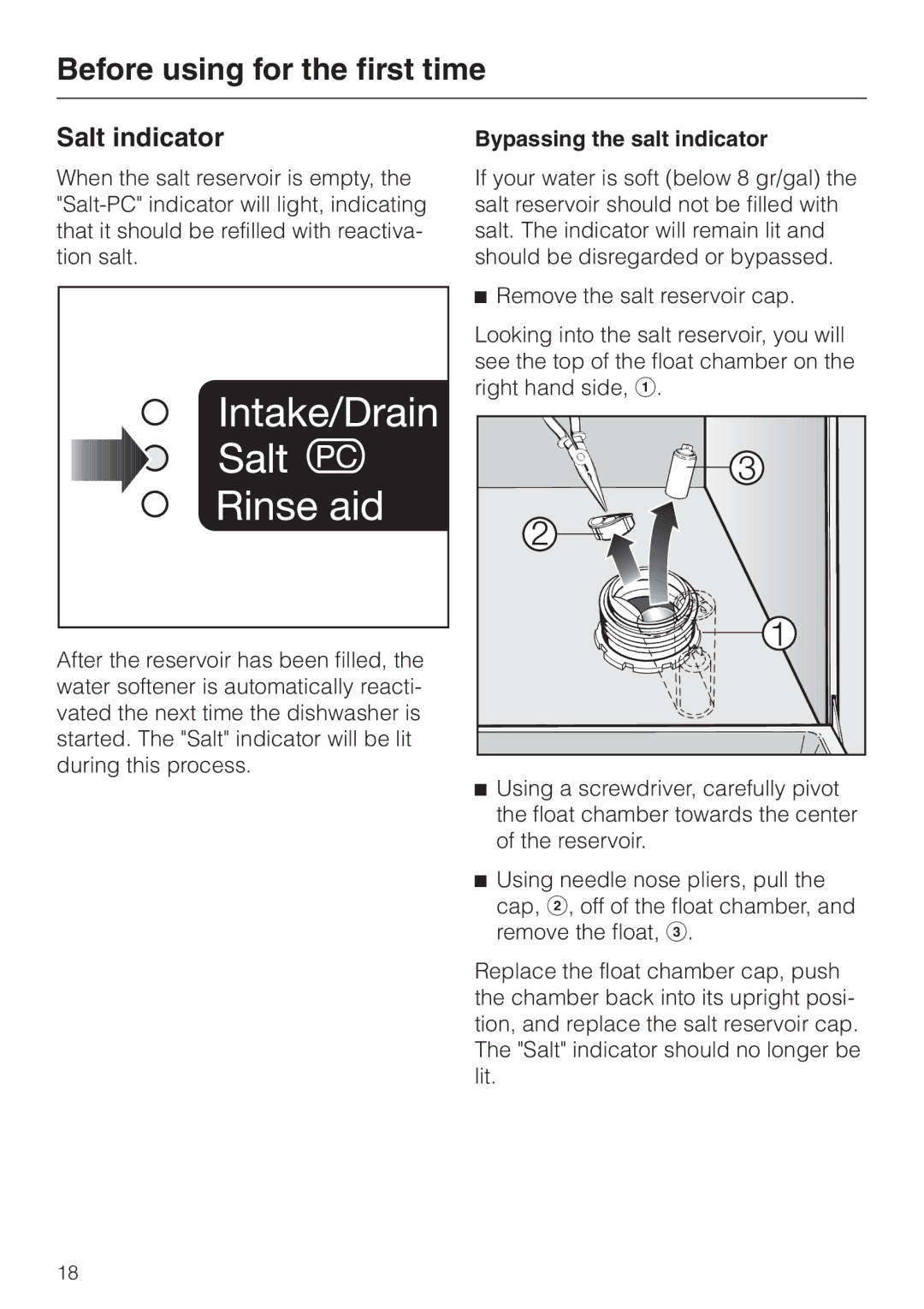 Miele G843VI, G843SCVI, G643SCVI manual Salt indicator, Bypassing the salt indicator 