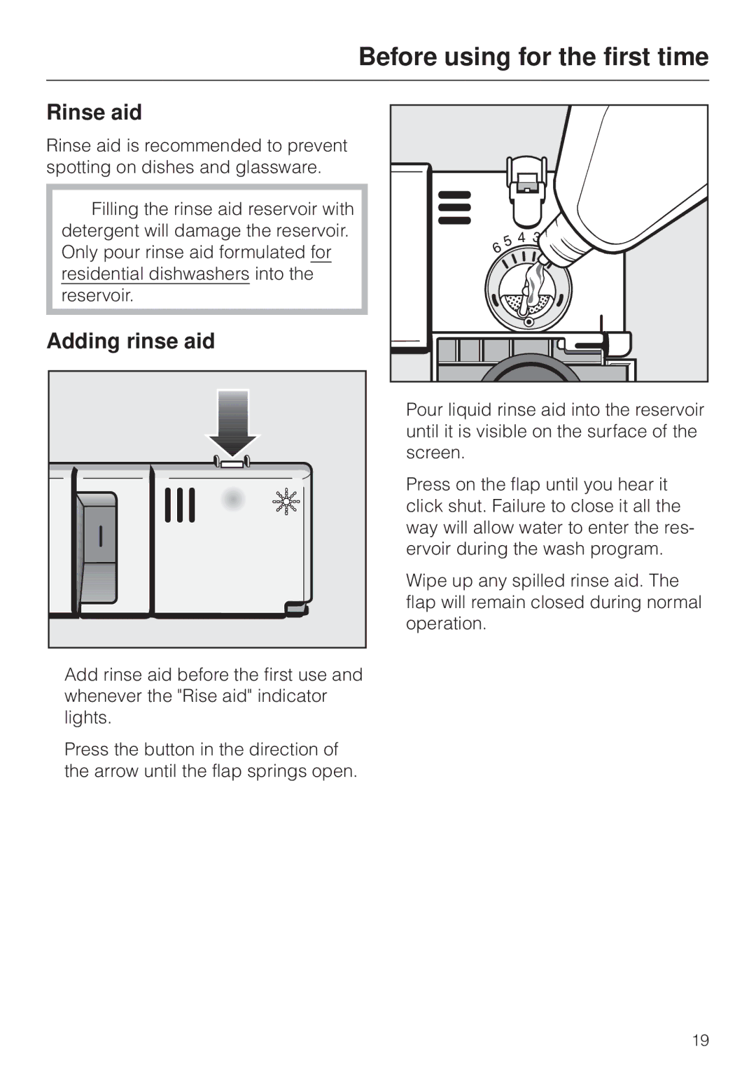 Miele G843SCVI, G843VI, G643SCVI manual Rinse aid, Adding rinse aid 