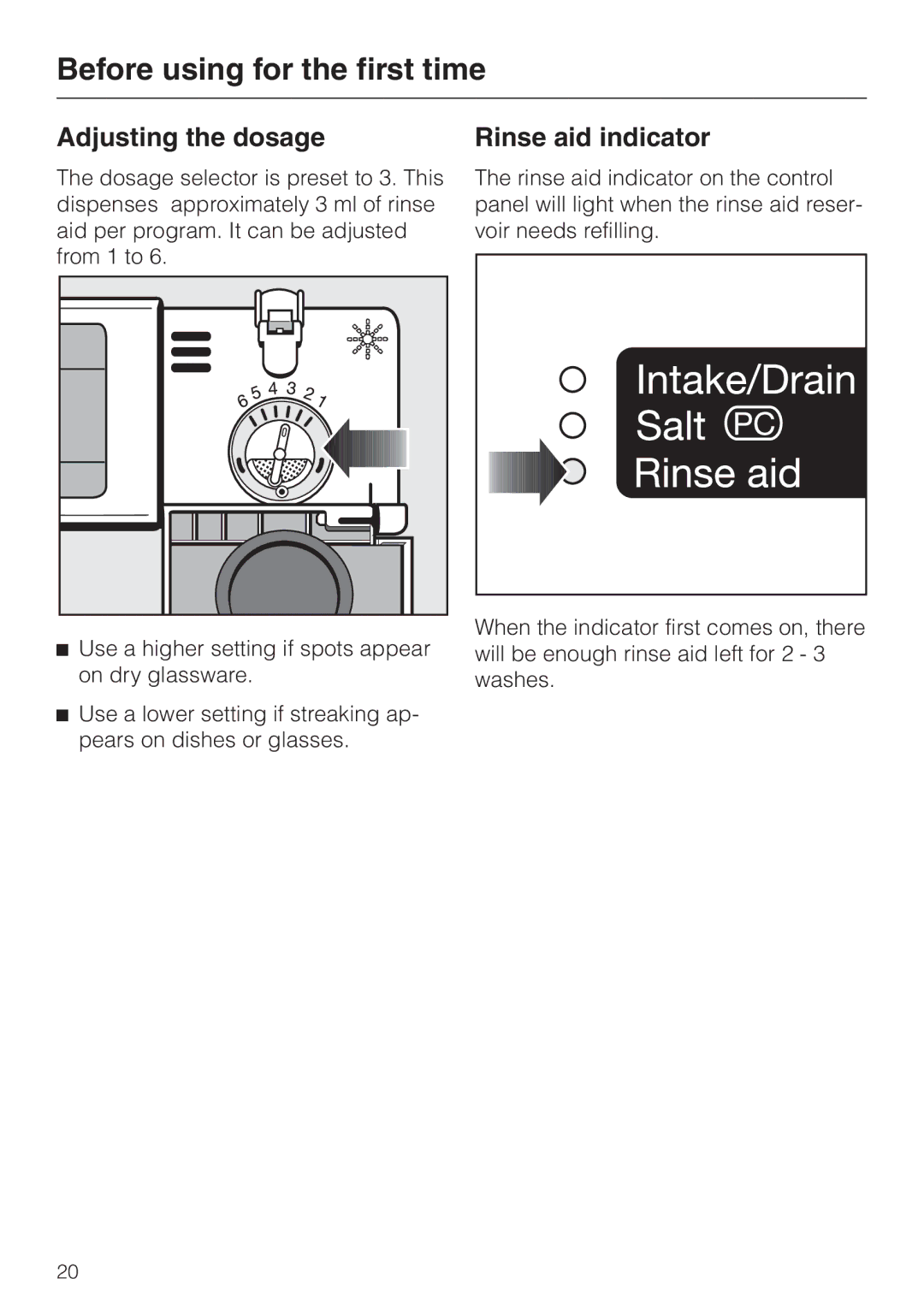 Miele G643SCVI, G843VI, G843SCVI manual Adjusting the dosage, Rinse aid indicator 