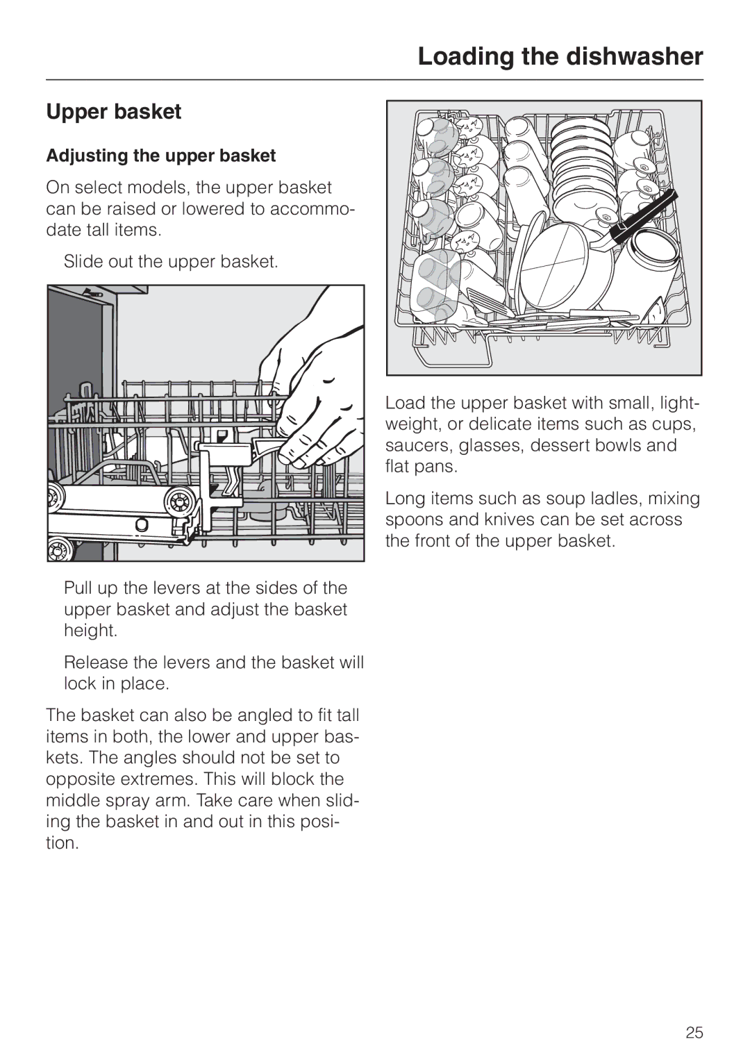 Miele G843SCVI, G843VI, G643SCVI manual Upper basket, Adjusting the upper basket, Slide out the upper basket 