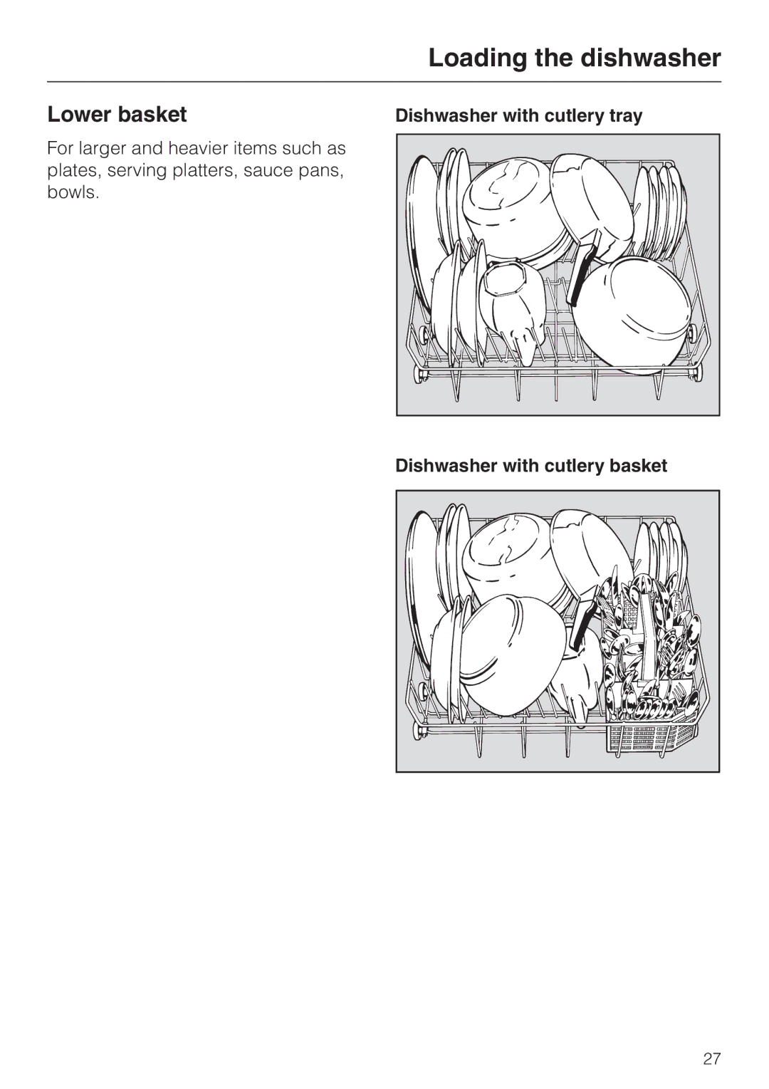 Miele G843VI, G843SCVI, G643SCVI manual Lower basket, Dishwasher with cutlery tray Dishwasher with cutlery basket 