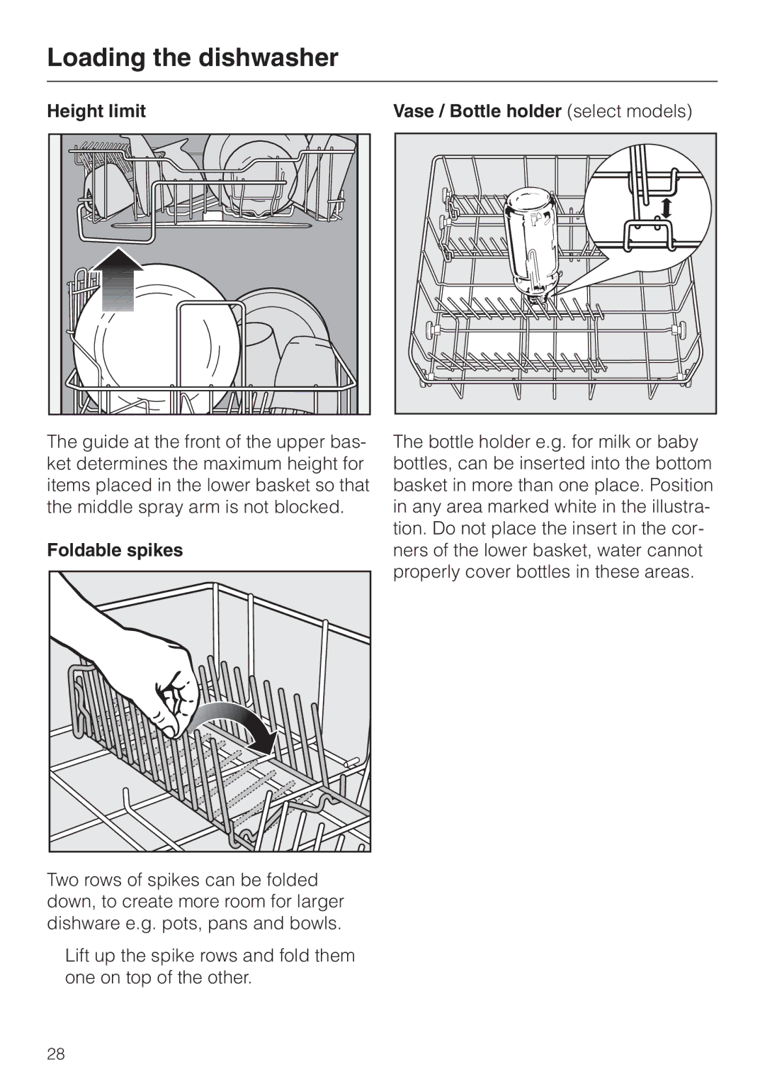 Miele G843SCVI, G843VI, G643SCVI manual Height limit, Foldable spikes, Vase / Bottle holder select models 