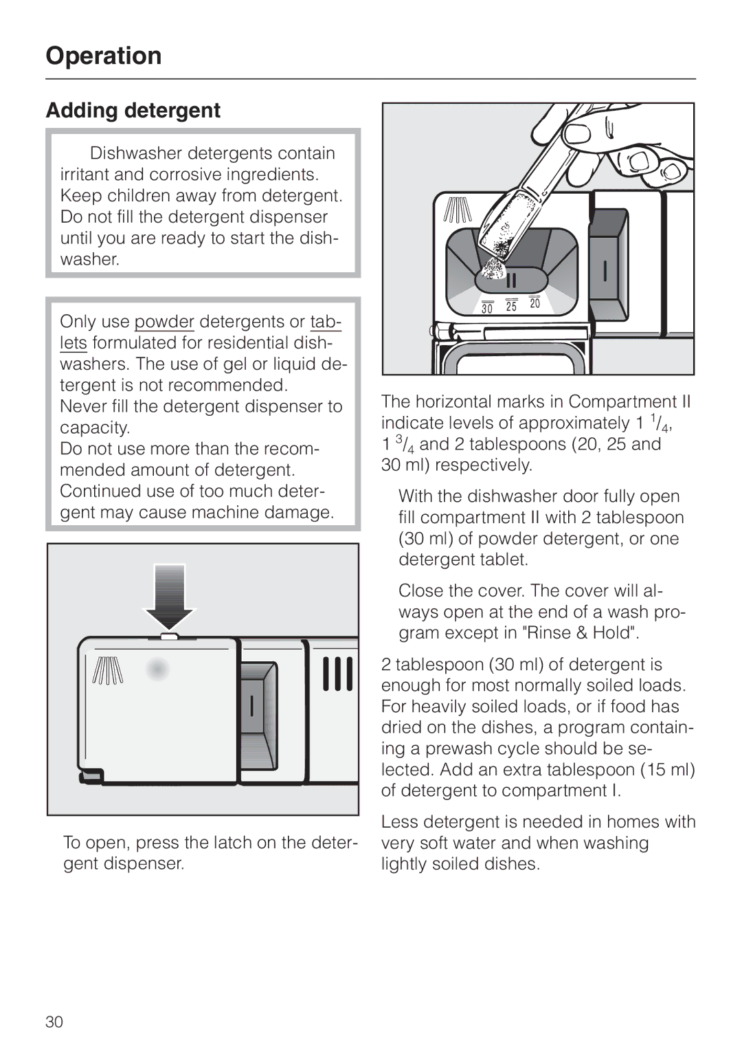 Miele G843VI, G843SCVI, G643SCVI manual Operation, Adding detergent 