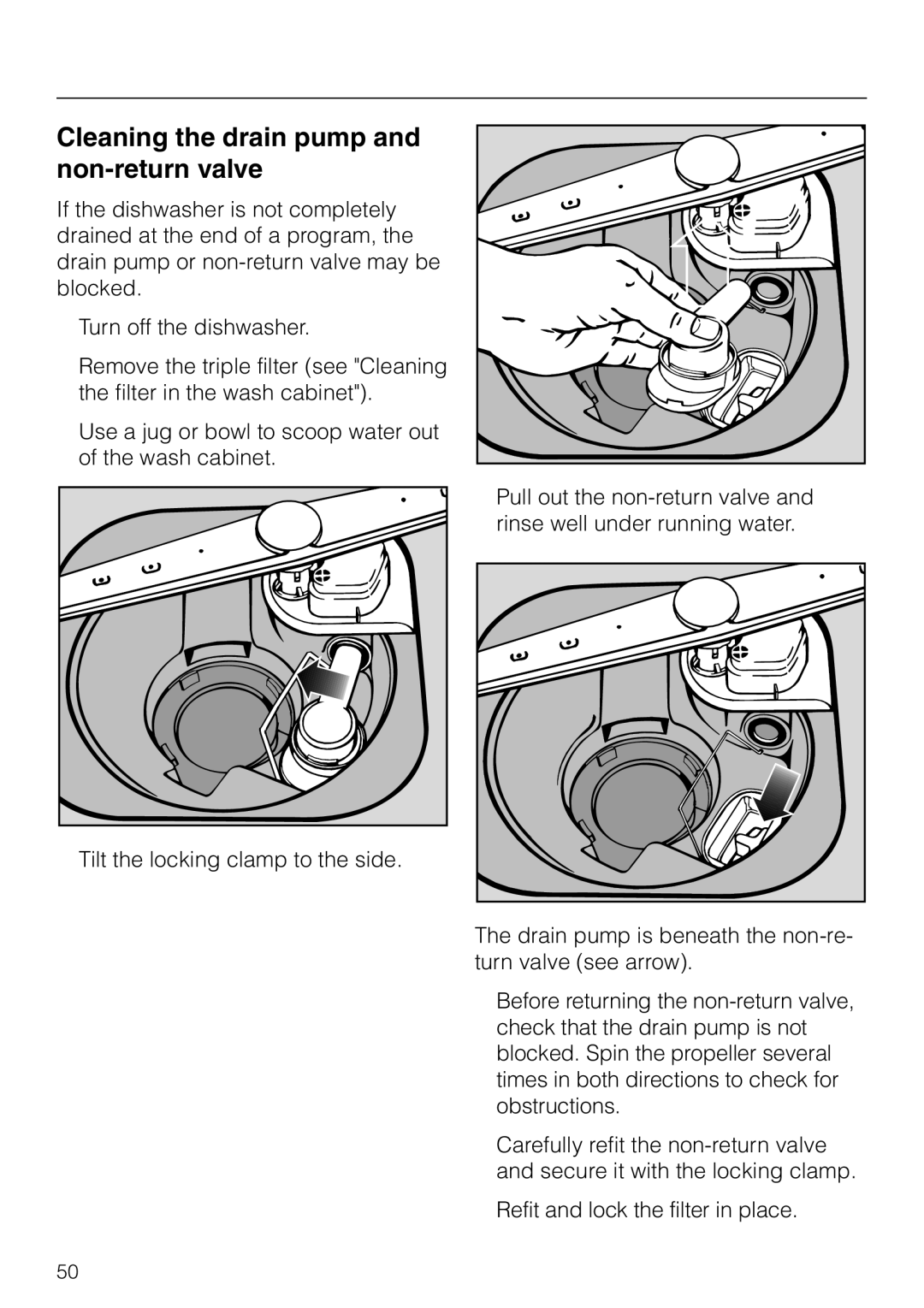 Miele G643SCVI, G843VI, G843SCVI manual Cleaning the drain pump and non-return valve 