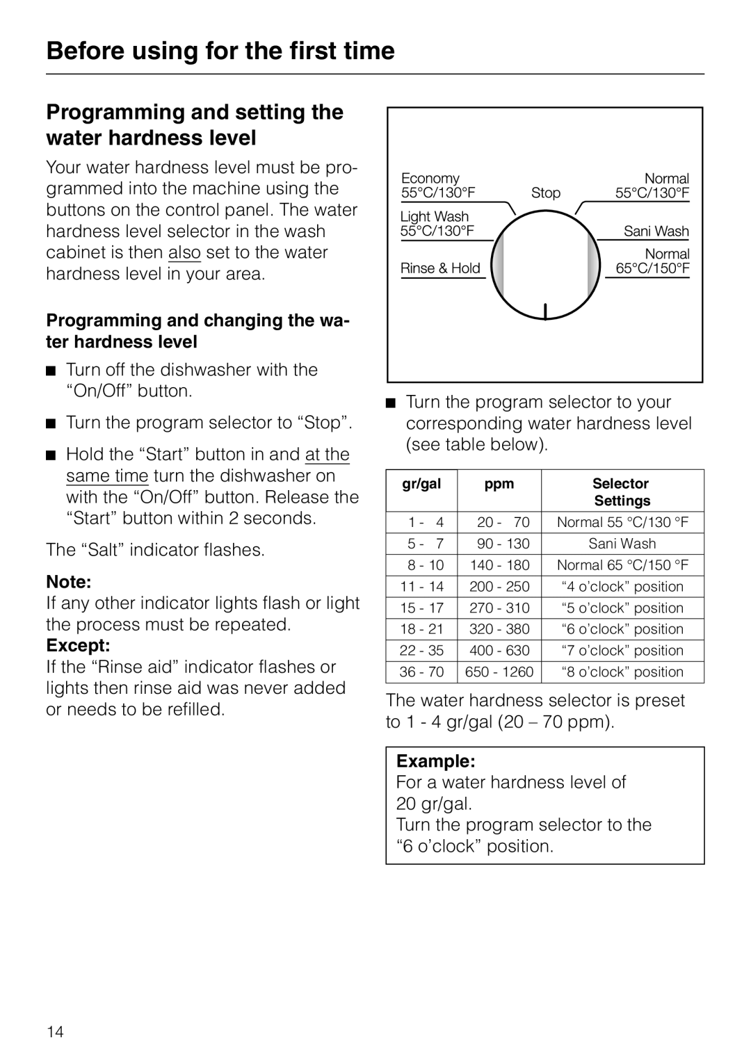 Miele G848 manual Before using for the first time, Programming and setting the water hardness level, Except 